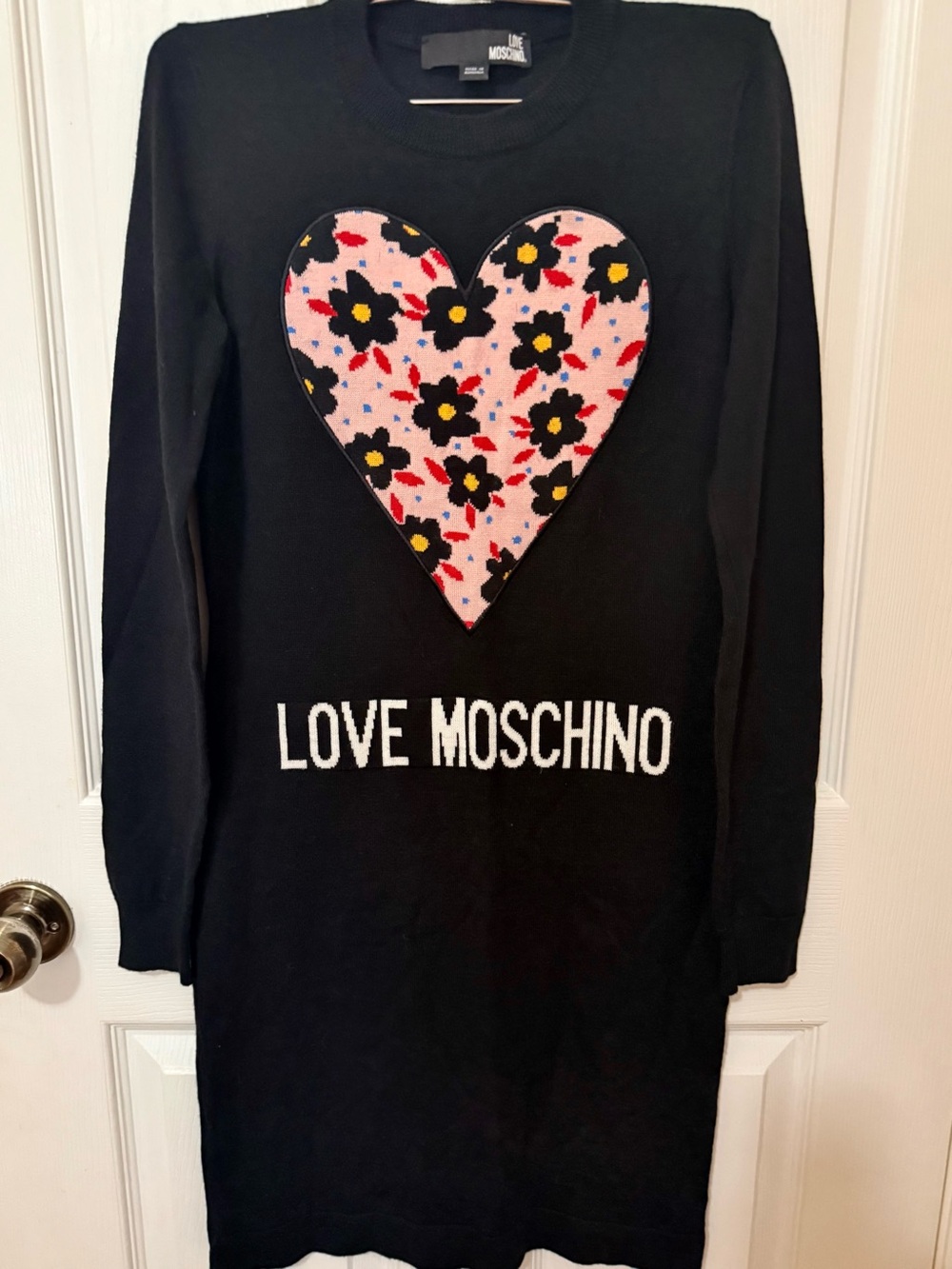 Love Moschino Black Dress with Pink Floral Heart Appliqué